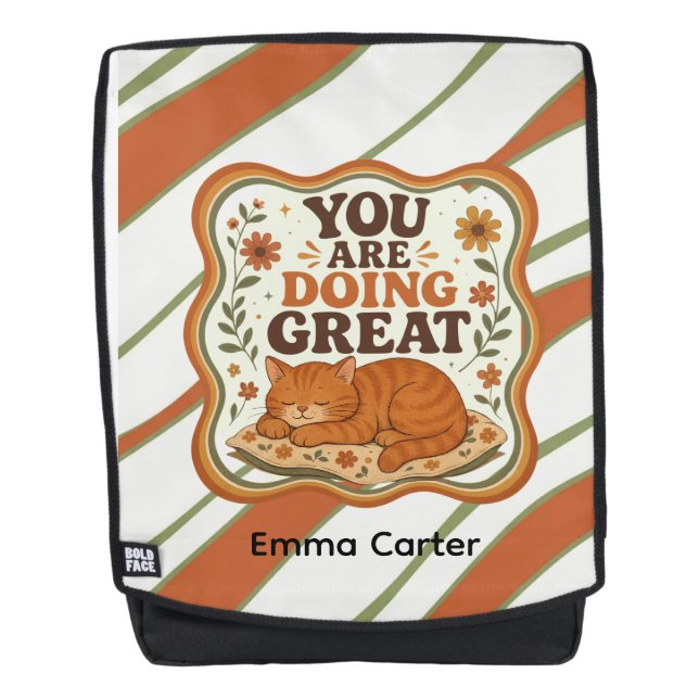 Personalisierter Retro-Gestreifter-Oranger-Katzen- Rucksack (Vorderseite)
