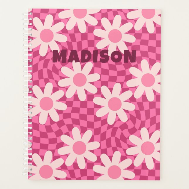 Personalisierter Retro-Groovy-Rosa-Gänseblümchen-H Planer (Vorderseite)