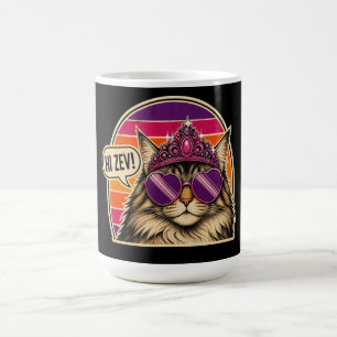 Personalisierter Retro-Katzenkönigin-Aufkleber mit Kaffeetasse