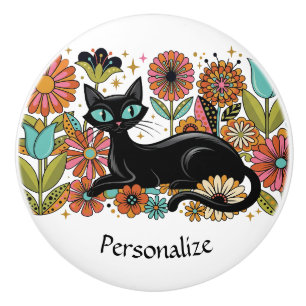 Personalisierter Retro-Schwarzer-Katzen-Blumen-Akz Keramikknauf