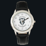 Personalisierter Ringträger Tuxedo Schwarz-weiß Armbanduhr<br><div class="desc">Eine personalisierte Armbanduhr für den Ringträger in Ihrer Hochzeitsfeier,  die eine schwarze Abbildung eines Tuxedo zeigt,  gerahmt durch die Worte "Ringträger" und den Vornamen des Kindes in geschwungener schwarzer Schrift.</div>