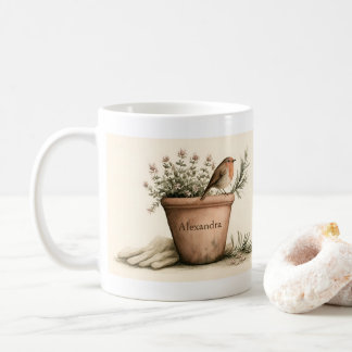 Personalisierter Robin- und blühender Kräutertopf- Kaffeetasse