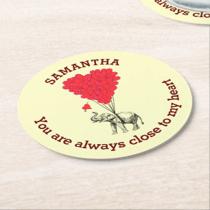 Personalisierter romantischer Elefant und rotes He Runder Pappuntersetzer