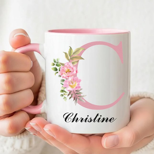 Personalisierter rosa Anfangsbuchstabe Name Tasse  (Personalized Wildflower Mug Graduation Gift for Her, Pink Floral Name Mug Thank You Gift for Mom)