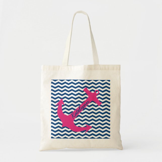 Personalisierter rosa Anker und Navy Zigzag Tote T Tragetasche (Vorne)