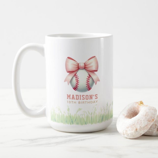 Personalisierter rosa Baseball Mädchen Schleife Kaffeetasse (Mit Donut)