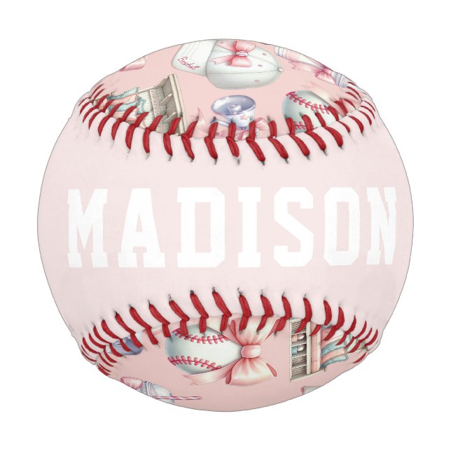 Personalisierter rosa Baseball – Name Mädchen Gebu (Rückseite)