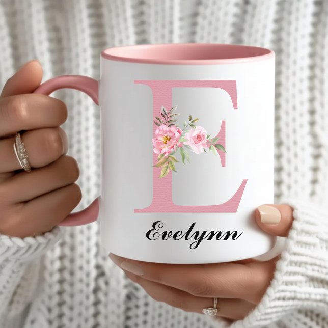 Personalisierter rosa Blumen-Tasse-Geschenk für Ma Tasse (Floral Initial Mug Bridal Party Gift for Her, Cute Pink Monogram Mug Gift for Girls and Kids)