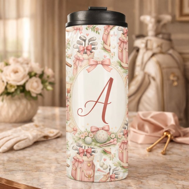 Personalisierter rosa Bogen Golf Monogramm Thermosbecher (Von Creator hochgeladen)