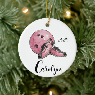 Personalisierter rosa Bowling-Weihnachten Keramik Ornament