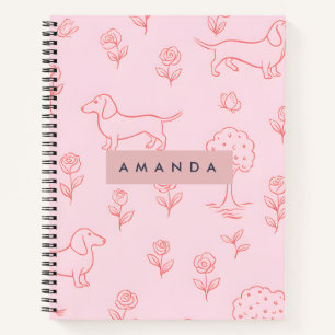 Personalisierter Rosa Dachshund und Blume Notizbuch