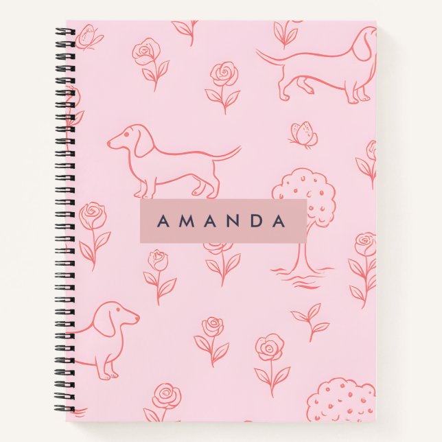 Personalisierter Rosa Dachshund und Blume Notizbuch (Vorderseite)