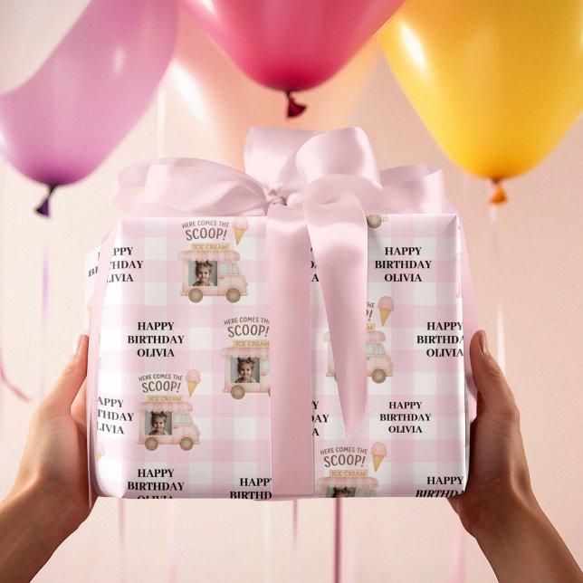 Personalisierter rosa Eiswagen-Geburtstag  Geschenkpapier (Von Creator hochgeladen)