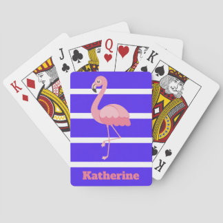 Personalisierter rosa Flamingo auf blauen Streifen Spielkarten