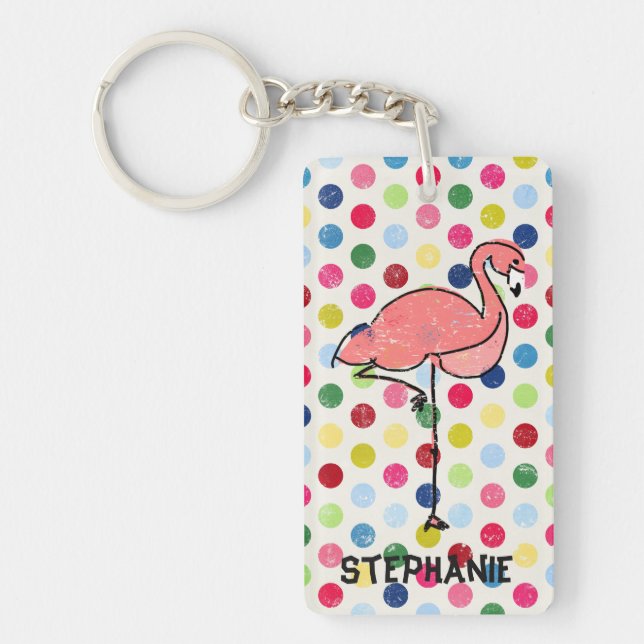 Personalisierter rosa Flamingo-bunte Polka-Punkte Schlüsselanhänger (Vorderseite)