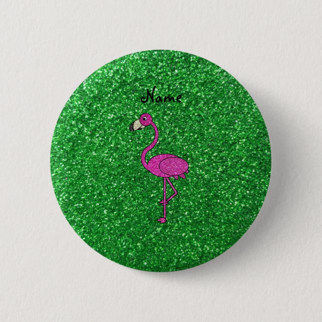 Personalisierter rosa Flamingogrün-NamensGlitter Button (Vorderseite)