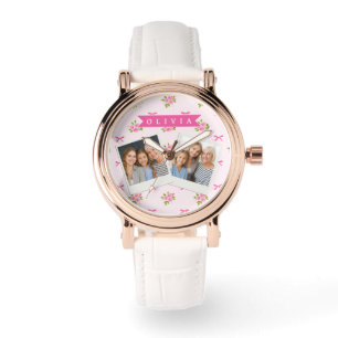 Personalisierter Rosa Flirt Mädchenname mit Blumen Armbanduhr