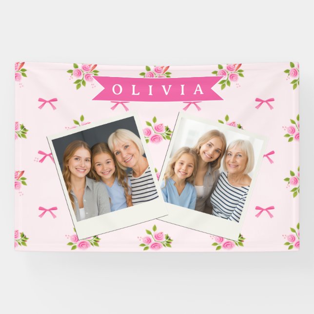 Personalisierter Rosa Flirt Mädchenname mit Blumen Banner (Horizontal)