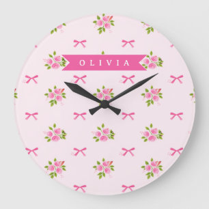 Personalisierter Rosa Flirt Mädchenname mit Blumen Große Wanduhr