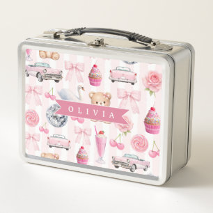 Personalisierter Rosa Flirt Retro Süßer Teddybär Metall Brotdose
