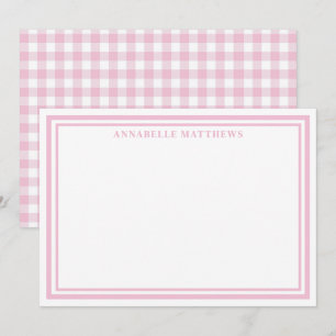 Personalisierter rosa Gingham-Monogramm-Name Mitteilungskarte