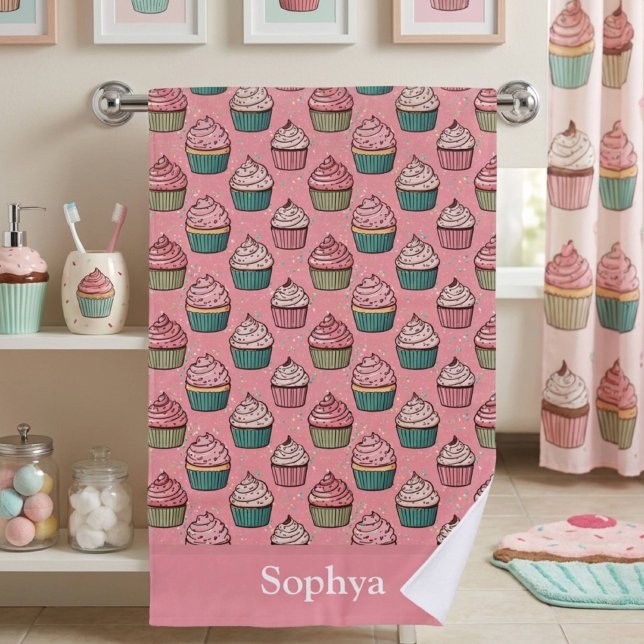 Personalisierter rosa Glitter-Cupcake Badehandtuch (Von Creator hochgeladen)