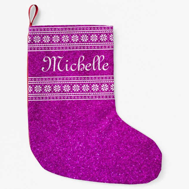 Personalisierter rosa Glitter Kleiner Weihnachtsstrumpf (Vorderseite)