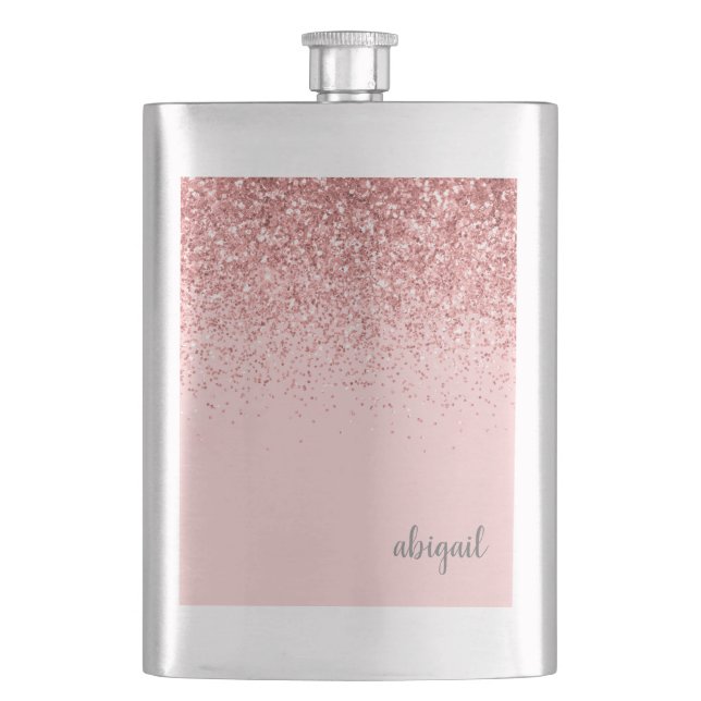 Personalisierter rosa Glitter-Monogramm-Name Flachmann (Vorderseite)