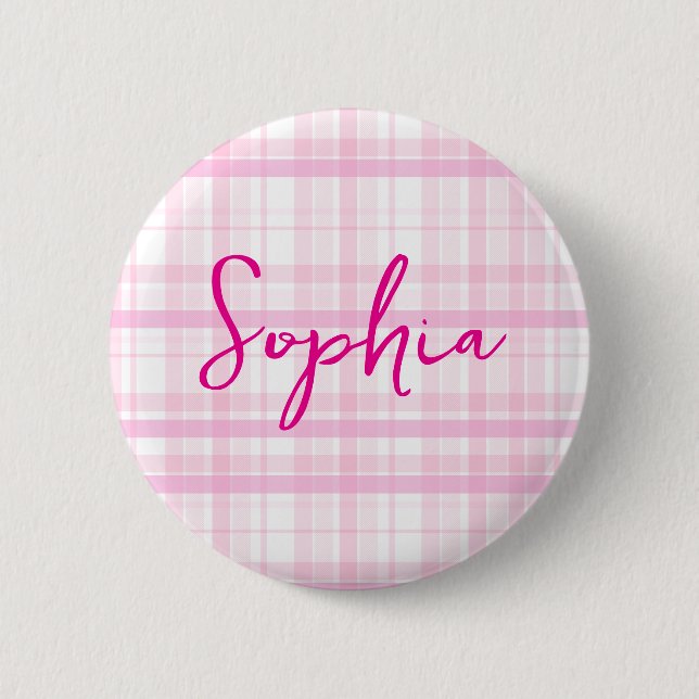 Personalisierter rosa karierter Knopf mit Namen  Button (Vorderseite)