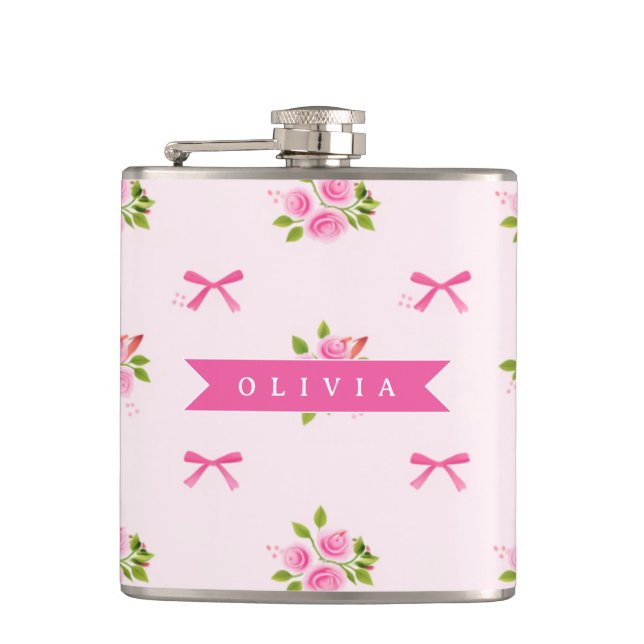 Personalisierter Rosa Kokette Mädchenname mit Blum Flachmann (Vorderseite)