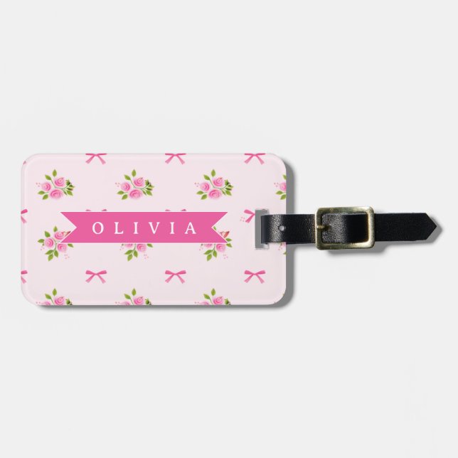 Personalisierter Rosa Kokette Mädchenname mit Blum Gepäckanhänger (Vorderseite horizontal)
