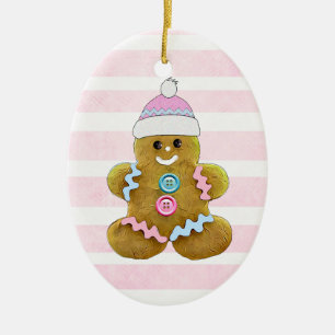 Personalisierter rosa Lebkuchenmann Weihnachten Keramik Ornament