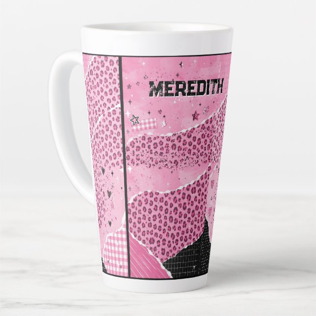 Personalisierter rosa Leopard-Collage-Latte-Mug Milchtasse (Linke Ecke)