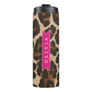 Personalisierter Rosa Leoparden Druck Chic Tiermus Thermosbecher
