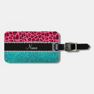 Personalisierter rosa Leopardtürkis-NamensGlitter Gepäckanhänger