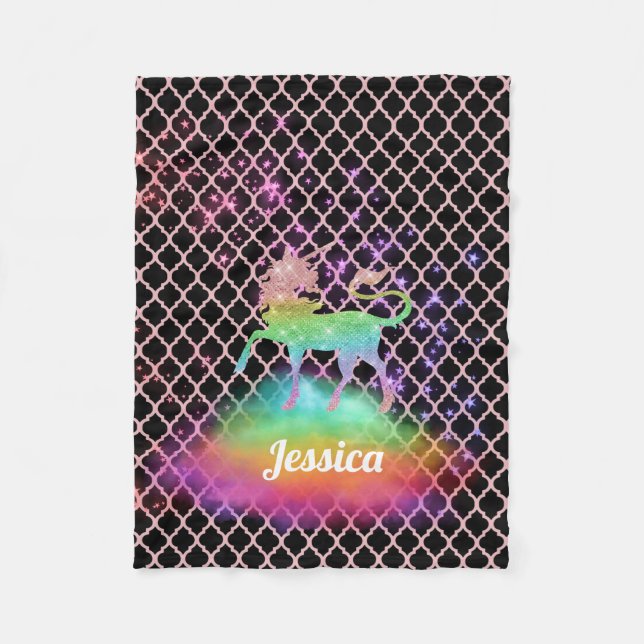 Personalisierter rosa Quatrefoil RegenbogenUnicorn Fleecedecke (Vorderseite)
