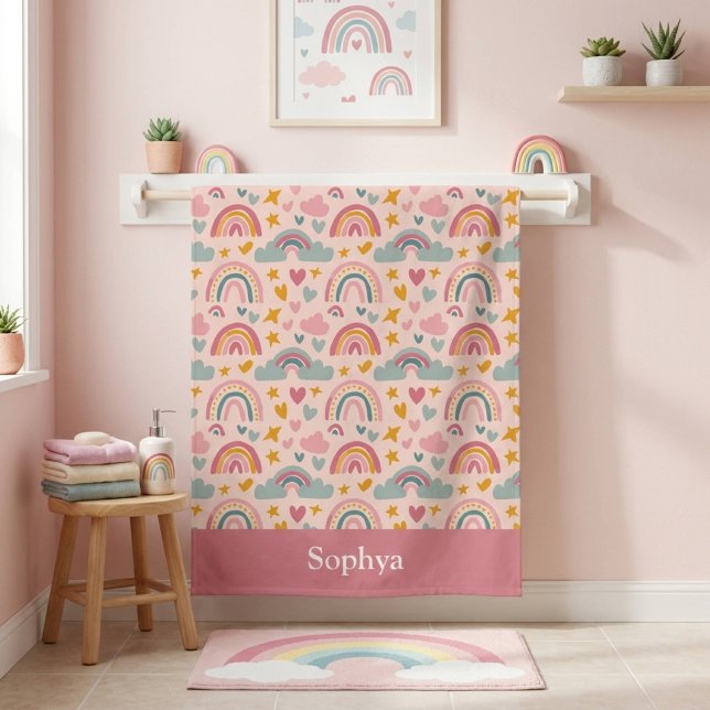 Personalisierter Rosa Regenbogen für Kinder Badehandtuch (Von Creator hochgeladen)