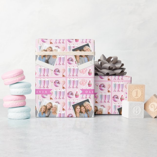 Personalisierter Rosa Retro-Milchshake Niedlich Co Geschenkpapier (Babyparty)