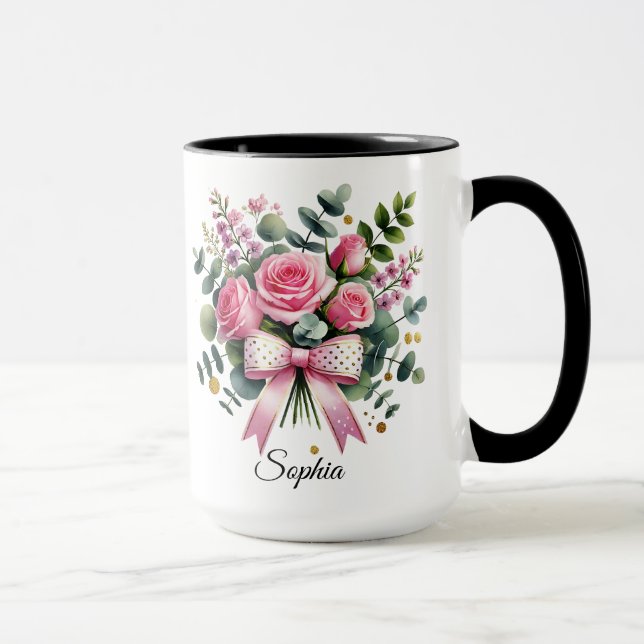 Personalisierter rosa Rosen-Namensbecher Elegantes Tasse (Rechts)