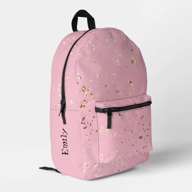 Personalisierter rosa Rucksack mit Goldfetti (Rückseitige Ecke links)