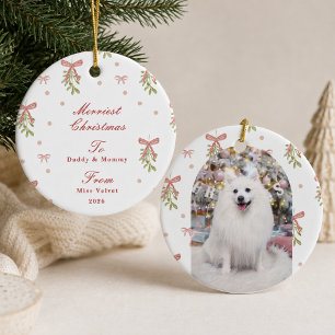 Personalisierter rosa Schleifen-Mistelzweig-Hausti Keramik Ornament