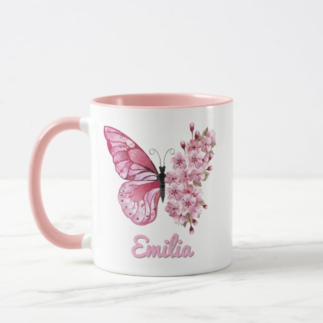Personalisierter Rosa Schmetterling & Kirschblüte  Tasse (Links)