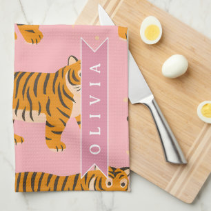 Personalisierter Rosa Tiger Chic Edgy Lustiger Sti Geschirrtuch