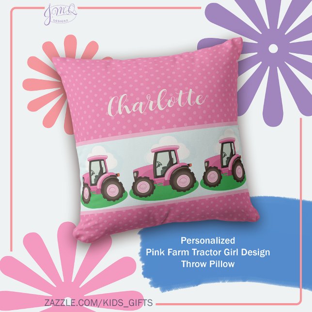 Personalisierter rosa Traktor Mädchen Design Kissen (Cute pink farm tractor design with a sweet girly feel and personalized name accent)
