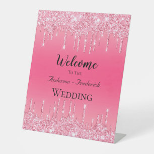 Personalisierter rosa tropfender Glitter-Hochzeits Sockelschild