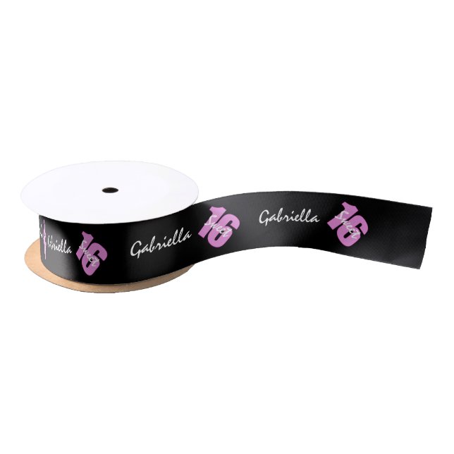 Personalisierter rosa u. schwarzer Bonbon 16 Satinband (Spule)