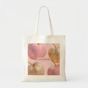 Personalisierter rosa und goldener Glitter-Apfel Tragetasche