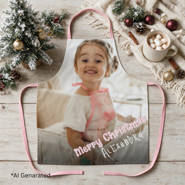Personalisierter rosa Weihnachts-Modern-Foto-Text Schürze (Von Creator hochgeladen)