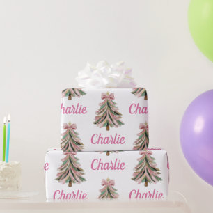 Personalisierter rosa Weihnachtsbaum-Feiertagsgesc Geschenkpapier
