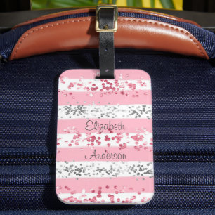 Personalisierter rosa weiß grauer Silber-Glitter Gepäckanhänger